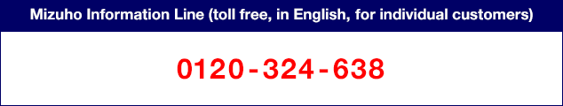 Mizuho Information Line (toll free, in English, for individual customers) 0120–324–638
